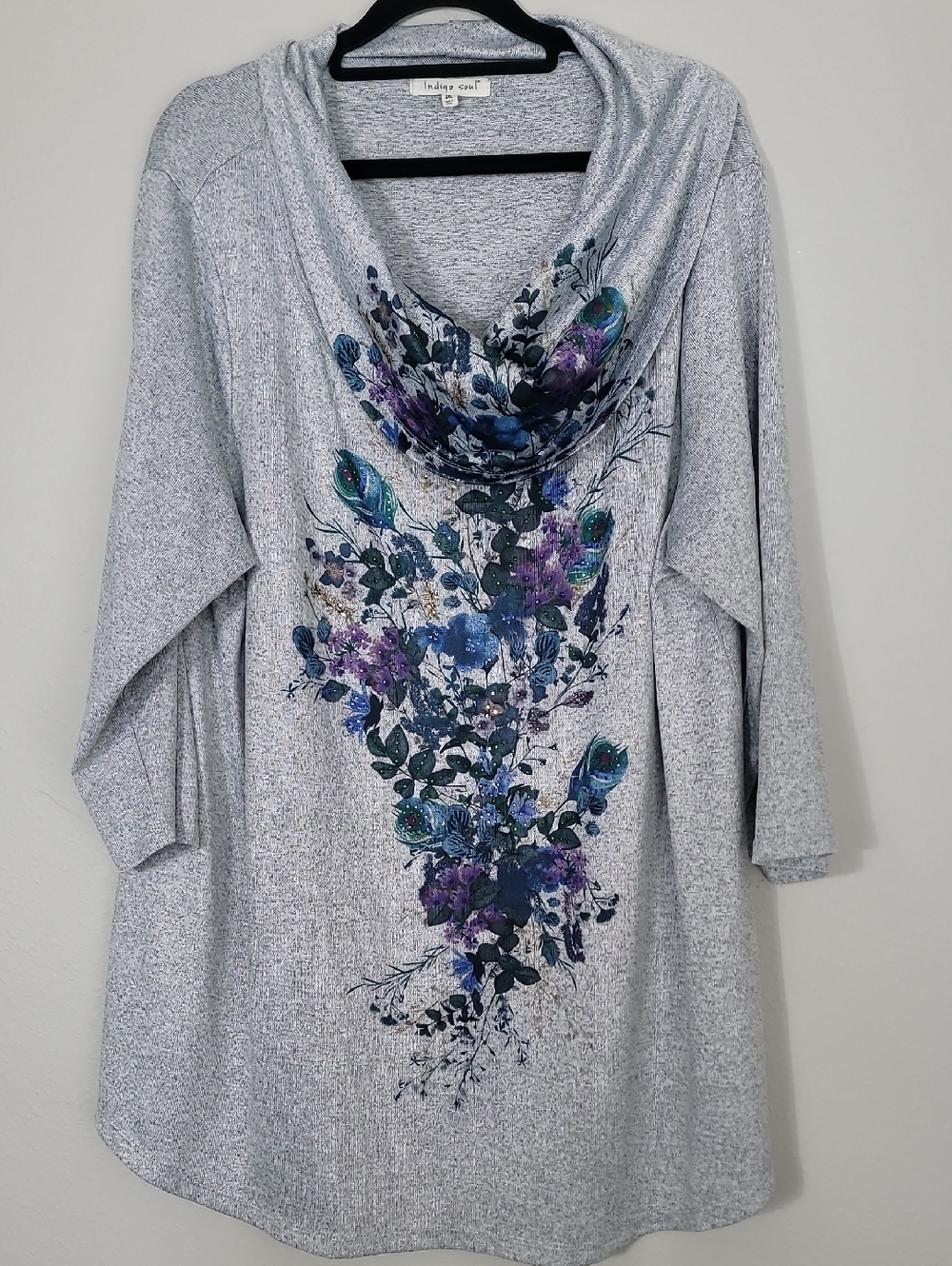 Indigo Soul Floral Cowl Neck Sweater Size 2X Rhinestone Embellished Long Sleeve
